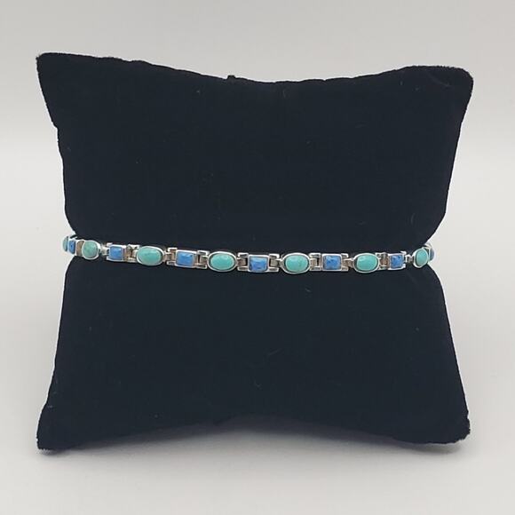 Sterling Silver Gemstone Turquoise Denim Lapis Tennis Bracelet 6.75”, 11.5g - Picture 1 of 10